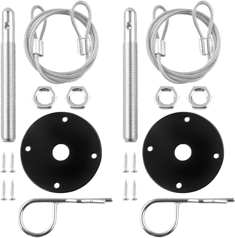 Sandfren Car Hood Pins Kit, Stainless Steel Vehicle Engine Pin Plate Bonnet Lock Clip, Modified Auto Racing Exterior Locking Latches Lanyard Rope Set for Reducing Shaking, Universal Fit (Black) - Image 1
